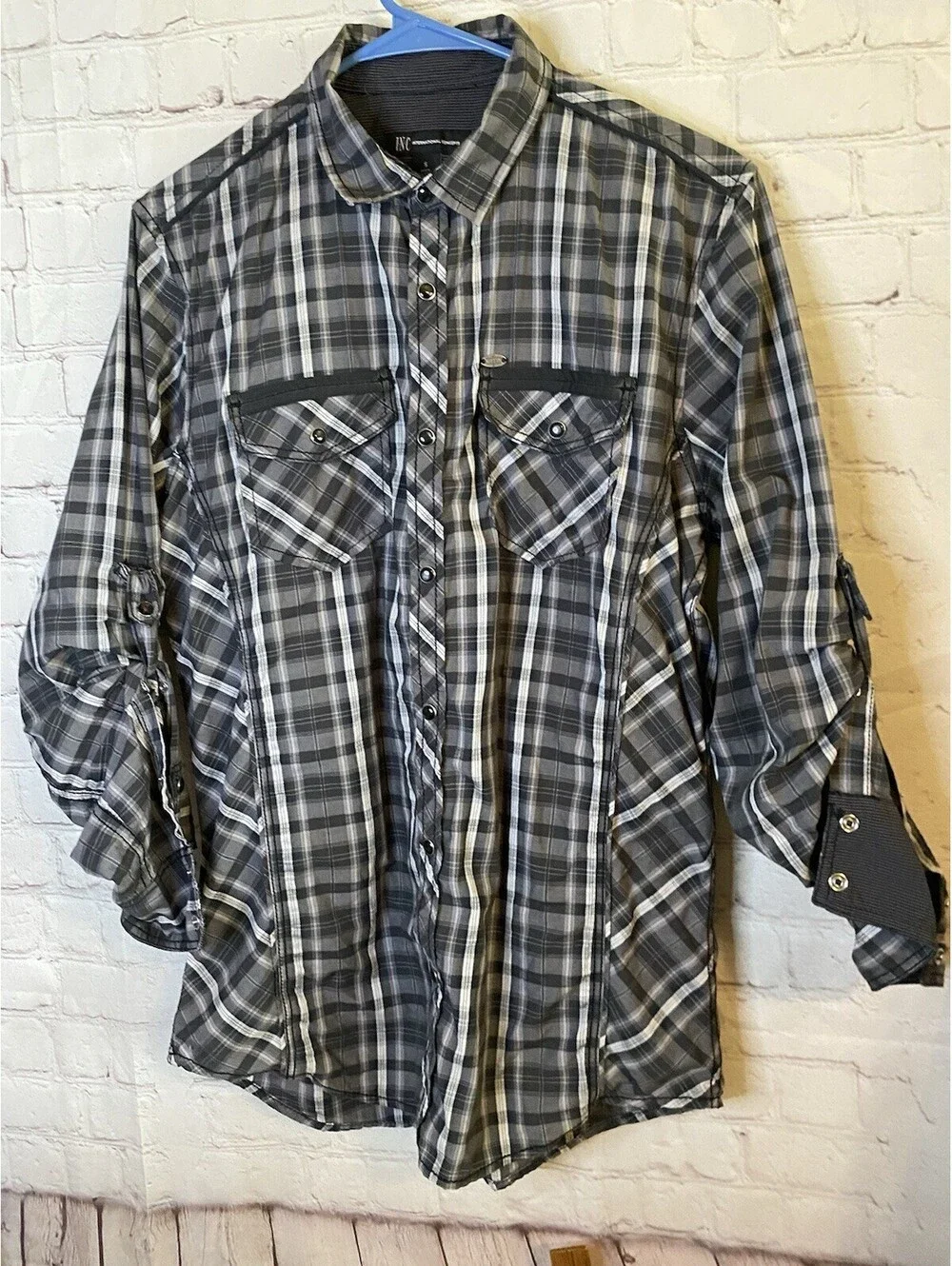 INC Men's Plaid Shirt Large Long Sleeve Button Up Black Gray with Metallic